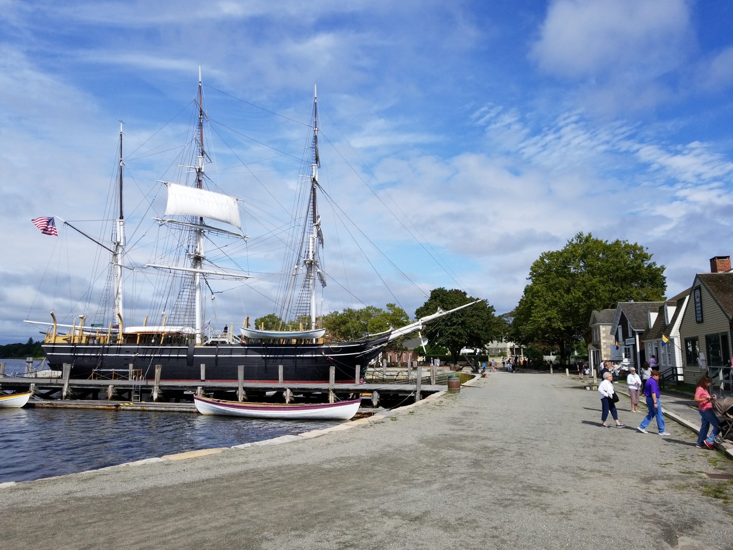 View of the historic Charles Morgan Whaleship docked at the Mystic Seaport Museum - a view included in Old Time Mystic Tour.