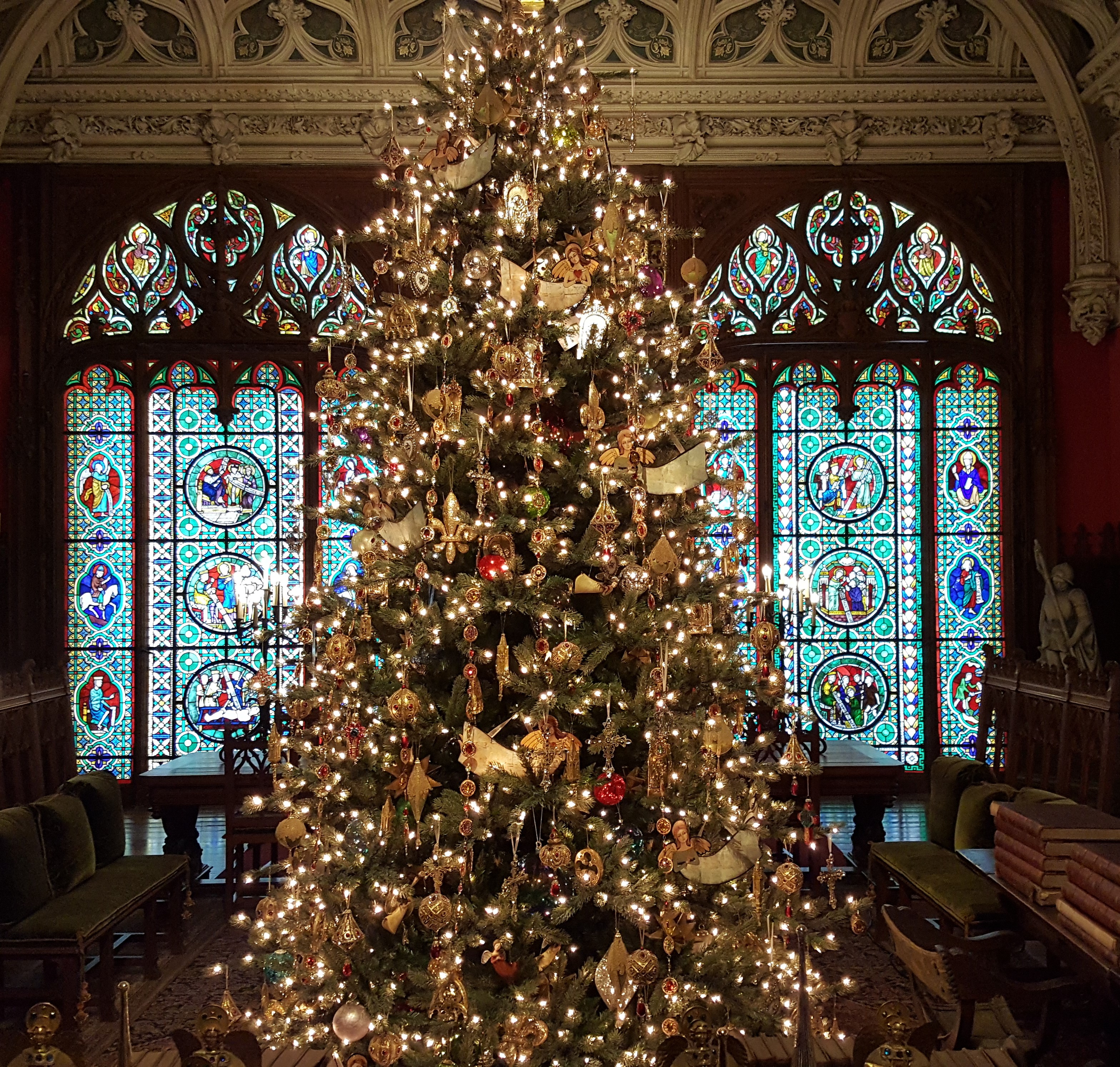 View of a decorated Christmas Tree inside the Marble House in Newport, RI.