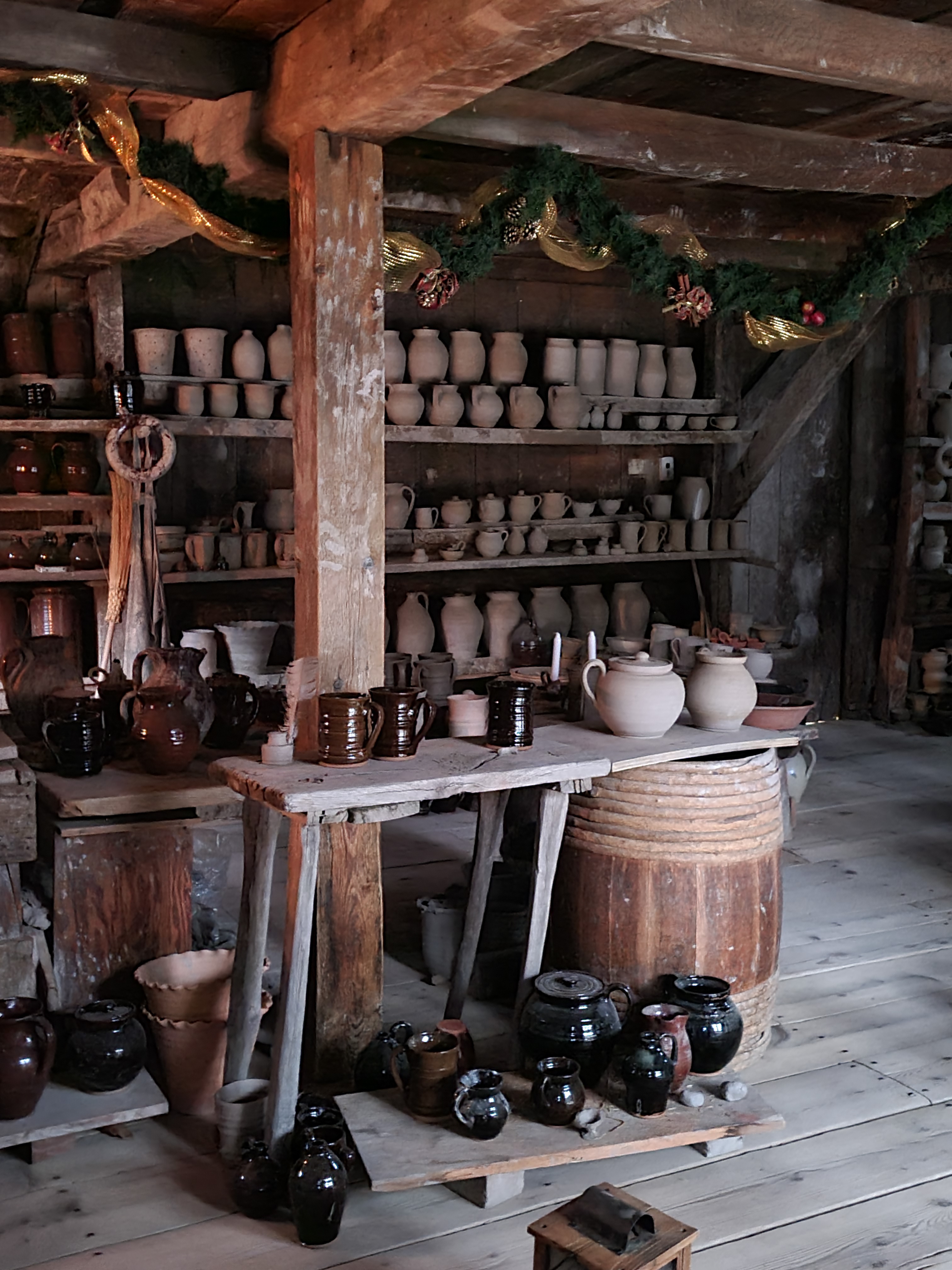 Potters Shed and different kinds of potteries preserved at Old Sturbridge Village, Sturbridge, MA.