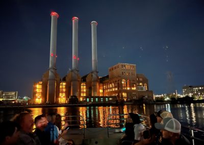 View at night of the Manchester St. Power Station - an activity included on the Dinner and a Cruise Tour.