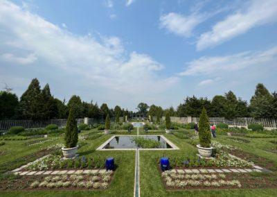 View of the Blue Garden with pool and ornamental plants taken during the Magnificent Gardens of Rhode Island Tour.