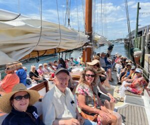 Sail to Mancini Center- Newport Sail and Lunch at Boat House Group of tourists sailing to to Mancini Center- an experience included in Newport Sail and Lunch at Boat House Tour.