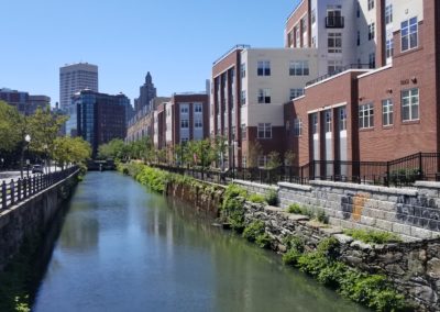 View of Station Row Apartments near the canal in Providence, Rhode Island.