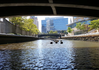 View of the Providence River beneath the pedestrian bridge.